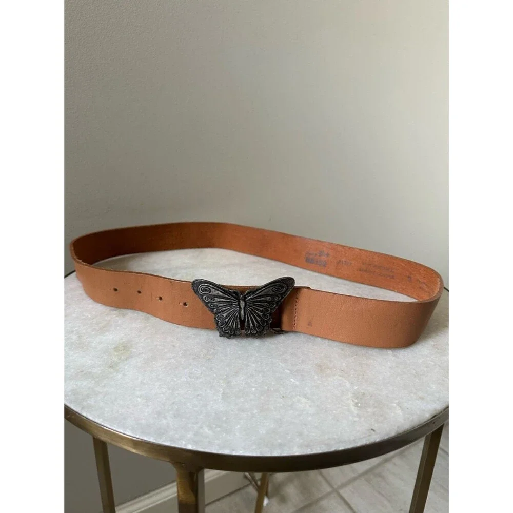 Navy Blue Brand Genuine Leather Cognac Western Boho Butterfly Buckle Belt 36